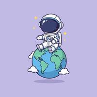 Cartoon astronaut sitting on top of the earth vector