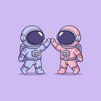 Two astronauts are shaking hands in a cartoon style vector