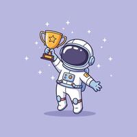 Astronaut holding trophy in hand vector