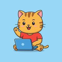 A cartoon cat sitting on a laptop vector