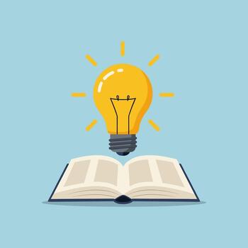 An open book with a light bulb on top vector