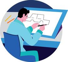 Flat style illustration showing a character doing car sketching vector