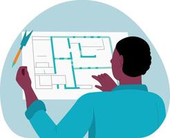Flat style illustration showing a character drawing a prototype vector