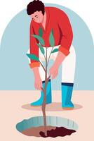 Flat style illustration showing a character planting a tree vector
