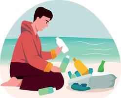 A character collecting trash bottles from the beach, flat illustration vector