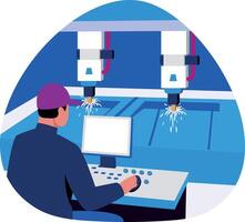 A flat style illustration of an industrial engineer operating machines vector