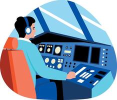 Flat style illustration showing a character operating aircraft control vector