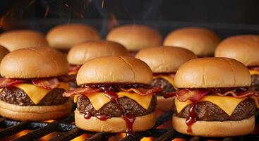 Delicious Mini Burgers with Cheese and Bacon on the Grill photo