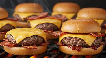Delicious Cheeseburgers with Bacon Cooking on Grill for Summer Barbecue photo
