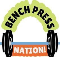 A barbell with weights on bench press typography, flat sticker vector