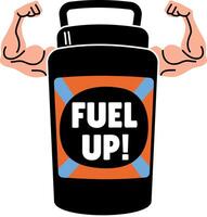 Flat sticker of a protein jar with muscular arms flexing on either side vector