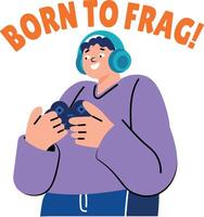 Happy person playing game with joystick, flat sticker vector