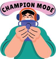 A person holding trophy and showing champion mode lettering, flat sticker vector