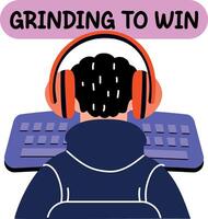 Sitting person playing game and using keyboard, flat sticker vector