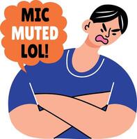 Flat sticker showing person facing muted mic problem vector