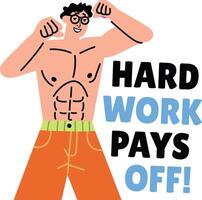 Gym character with visible abdominal muscles flexing arms, flat sticker vector
