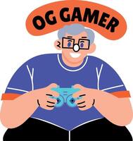 Person playing game with typography of game, flat sticker vector