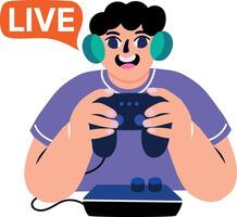 A person doing live stream and holding gamepad, flat sticker vector
