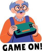 Old person playing and holding handheld device vector