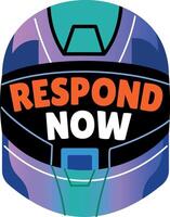Gaming helmet showing typography respond now, flat sticker vector