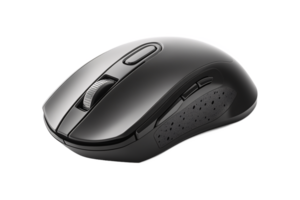 This isolated black wireless computer mouse is a modern optical input device for your PC, featuring a scroll wheel and click buttons, essential hardware for office or home internet use png