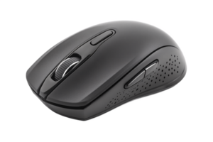 A sleek black wireless mouse, designed for effortless navigation and comfortable grip, with textured side grips and a smooth scroll wheel. png