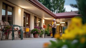 Exterior view of a motel with potted flowers and a man standing in the hall photo