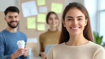 Smiling young professional woman with colleagues in a modern workplace setting photo
