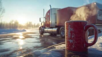 Steaming coffee mug set against a semi-truck in a frosty winter landscape photo