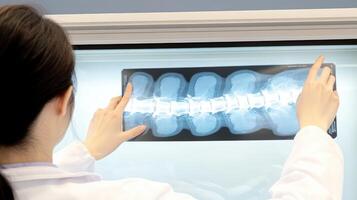 Medical Professional Examining a Spinal X-Ray Film for Diagnosis in Clinic photo