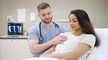 Doctor examining a young female patient in a hospital room for well being photo