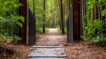 Path through woodland with unique metal structures flanking the trail photo