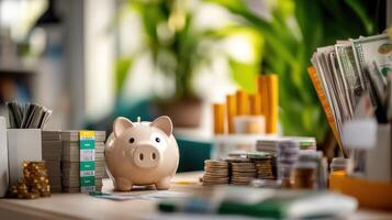 Piggy bank with stacks of money and coins for financial growth concept photo