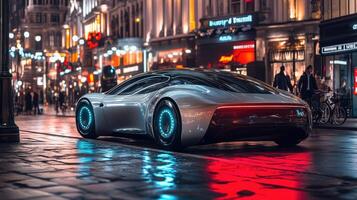 Sleek futuristic car design showcased in the dazzling urban landscape at night photo