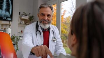 Experienced doctor discussing health concerns with female patient in consultation photo