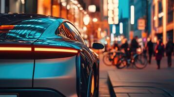 Sleek Futuristic Car parked on the Urban Street with Pedestrians and Bicycles photo