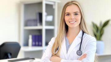 Smiling young female doctor with stethoscope in medical office setting photo