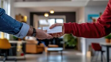 Business Card Exchange Between Two Professionals in a Bright Office Setting photo