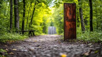 Intriguing Metal Structure Amongst Lush Greenery in a Forest Setting photo