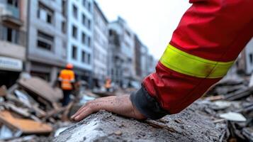 Rescue Worker Inspecting Rubble After Devastating Earthquake In Urban Setting photo