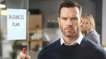 Frustrated Businessman Grappling with Business Plan in a Modern Workplace photo