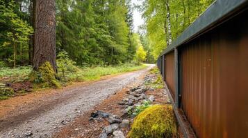 Idyllic woodland path alongside a fence in a lush green forest scenery photo