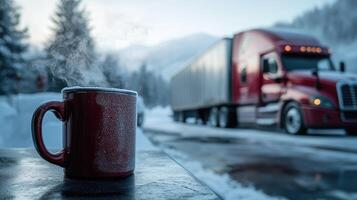 Steaming mug on truck with snowy mountain backdrop, a wintry break photo