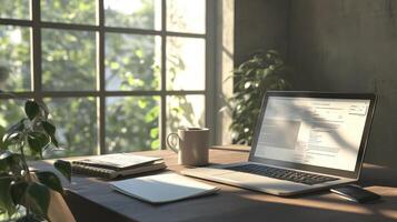 Serene workspace with natural light laptop and coffee creates productive ambience photo