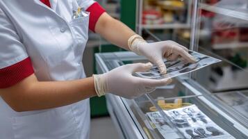 Medical Professional Examining Patient X-Rays in a Clinical Setting with Gloves photo