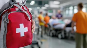 Doctor carrying a first aid kit in a busy hospital emergency area for patient care photo