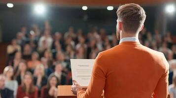 Confident Speaker Engaging Audience During Seminar at a Conference Venue photo
