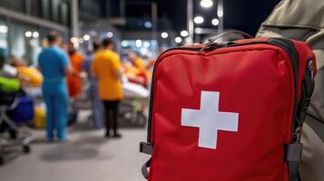 First aid kit amidst medical personnel tending patients in triage area photo