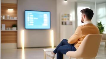 Modern Living Room Scene with Man Watching TV on a Large Screen Display photo