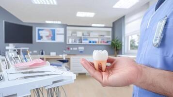 Dentist showcasing a tooth model in clinic, oral health and hygiene promotion photo